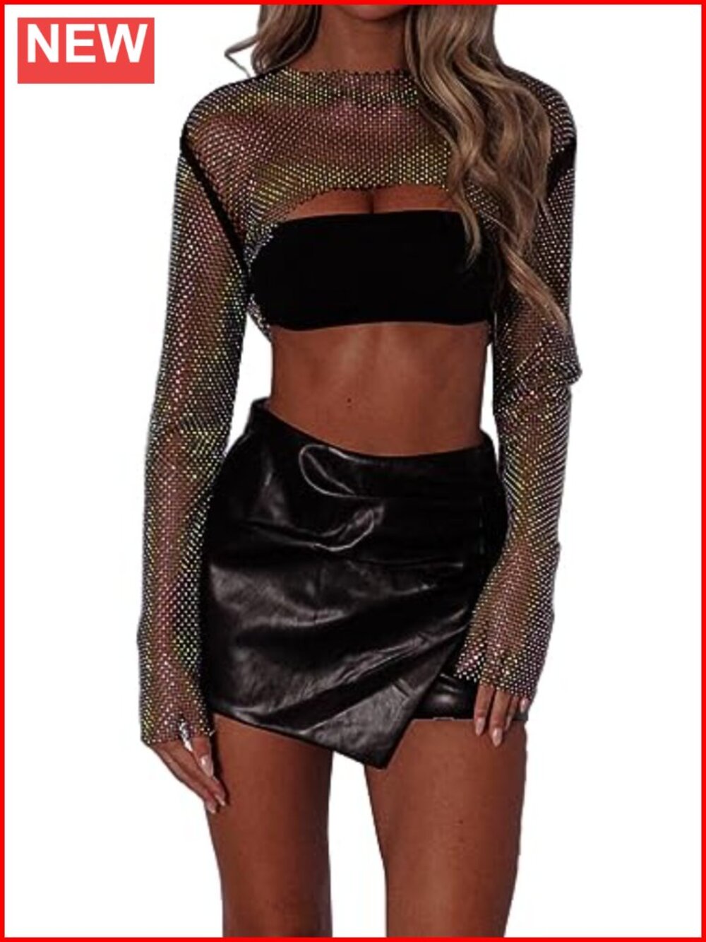 Rhinestone Mesh Chain Crop Top Long Sleeve Rave Festival Outfit for Women